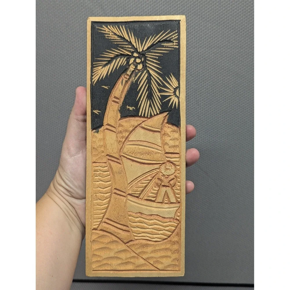 VTG Hand Carved Wood Tropical Palm Tree Sailboat Wall Plaque Art Relief Portugal